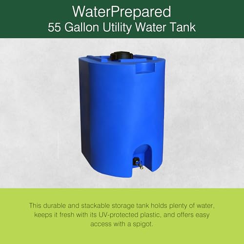 WaterPrepared 2-Pack Stackable Plastic Drinking Water Storage Tank with Spigots, 55 Gallon, Blue - Portable Emergency Hydration Container for Survival or Disaster Preparedness
