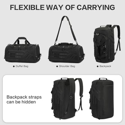 3-in-1 Tactical Gym & Travel Duffle Bag Backpack Men Multi-Functional 45L Military Sports Duffle Bag with Shoe Compartment & Wet Pocket for Workout Weekender Overnight Bag with Molle Webbing, Black - color: Black