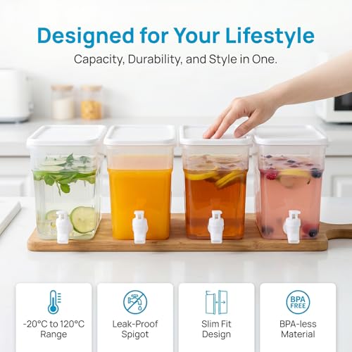 4 Pack 1.3 Gallon Drink Dispenser with Spigot for Fridge, Leakproof Plastic Water Container Fridge Beverage Dispenser Ice Juice Dispenser with Spigot for Home Party Restaurant Bar Buffet