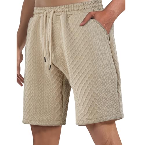 Men's Shorts Summer Casual 7 Inch Cable Knit Stretch Elastic Waist Drawstring Workout Gym Beach Shorts with Pockets - color: Beige, size: XX-Large