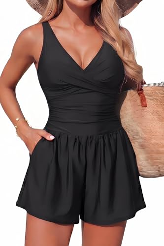 Smismivo Women's Tummy Control One Piece Swim Romper V Neck Swimsuit - color: Black, size: Medium