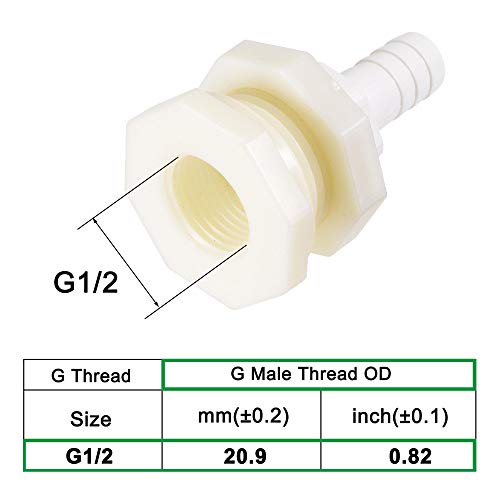 uxcell Bulkhead Fitting Adapter 12mm Barbed x G1/2 Female ABS White for Aquariums, Water Tanks, Tubs, Pools 4Pcs - size: G1/2