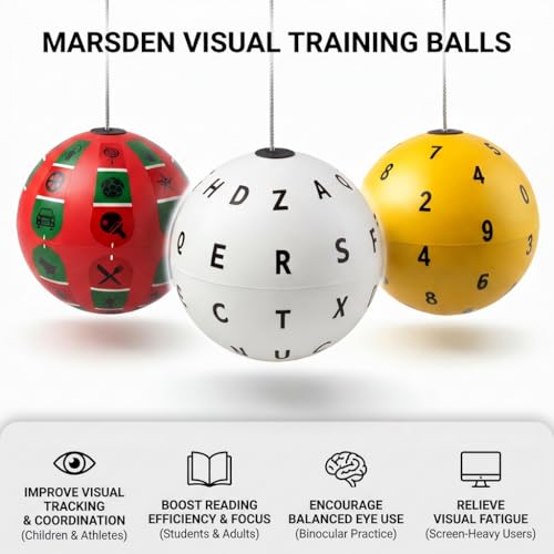 Dual Marsden Ball Kit for Visual Training – Yellow Number & White Letter Training Balls on String with Hooks – Home Vision Tool for Cognitive Focus, Hand Eye Coordination & Reflex Speed
