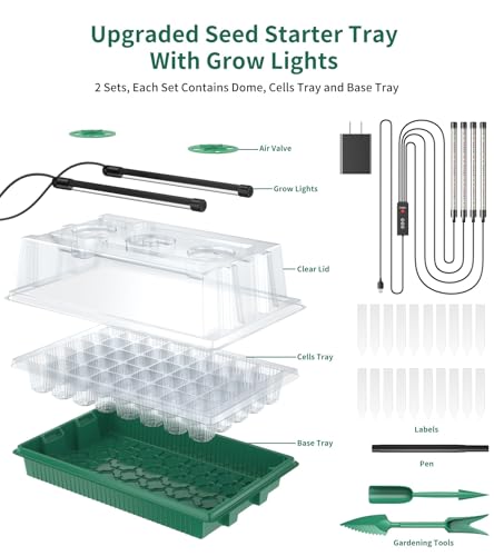 Seed Starter Tray, 80-Cells Seedling Starter Trays with Grow Light and Humidity Dome, Reusable Seed Germination Kit for Indoor Gardening Seed Starting (2 Pack, Green Base)