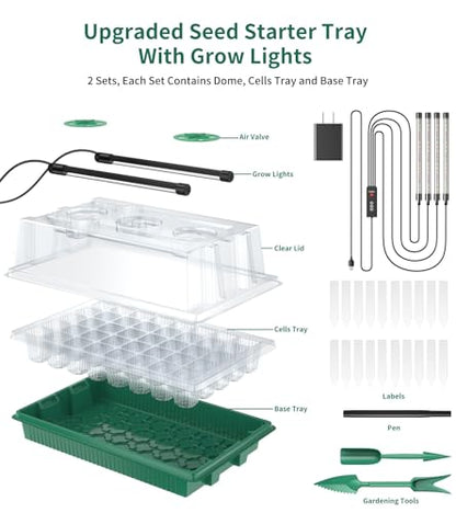 Seed Starter Tray, 80-Cells Seedling Starter Trays with Grow Light and Humidity Dome, Reusable Seed Germination Kit for Indoor Gardening Seed Starting (2 Pack, Green Base)
