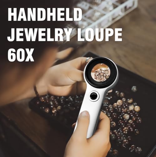 Handheld 60X Magnifier Loupe with UV & LED Lights 30mm Optical Coating Lens USB Rechargeable Jewelry Loupe Magnifying Glass for Jewellery, Rocks, Coins, Stamps, Antique, Watch Repairs - size: 60X with Button Light