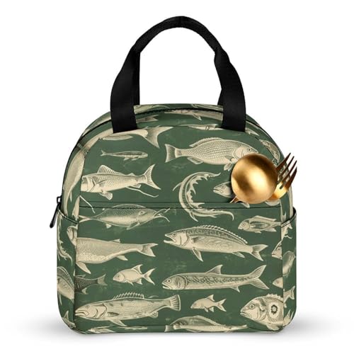 Lunch Bag Lnsulated Lunch Box Lunch Containers Retro Fish Printed Reusable Lunch Tote Bags for Women And Men Work, Travel, Outdoor