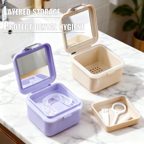 Denture Bath Case, Denture Soaking Container Denture Cup Soaking Holder Mouth Guard Denture Box Denture Baths Cleaning with Lid Retainer Case （Purple） - color: pruple