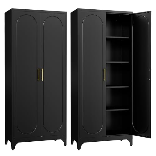 Kitchen Pantry Cabinet,75 Inch Black Metal Storage Cabinet with Door and Adjustable, Tall Pantry Cabinets for Kitchen Storage,Cupboard for Living Room,Dining Room and Bathroom - color: Black, style: 75 Inch