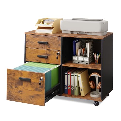 DEVAISE 3-Drawer Wood File Cabinet with Lock, Mobile Lateral Filing Cabinet, Printer Stand with Open Storage Shelves for Home Office, Rustic Brown - color: Rustic Brown