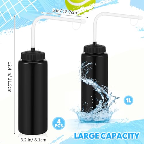Domensi 4 Pack 32 oz Hockey Sports Water Bottle with Long Straw Easy Squeeze Plastic Bottle Helmet Friendly for Sport Hockey Football Lacrosse(Black,Classic) - color: Black