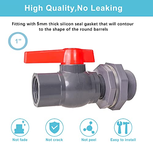 1 Inch PVC Rain Barrel Valve Spigot Kit with Ball Valve and Bulkhead Fitting Adapter for Water Tanks, Aquariums, Pools - size: 1"+valve