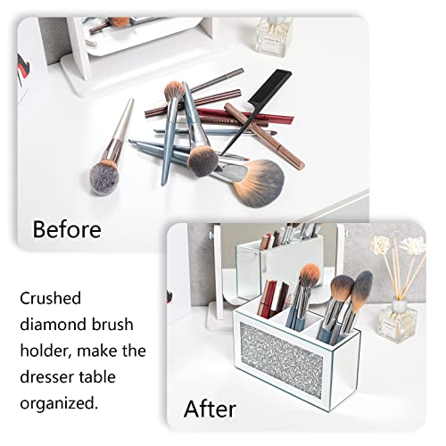 Silver Makeup Brush Holder Organizer, Bling 3 Slot Crushed Diamond Crystal Mirrored Cosmetic Brushes Storage, Eyeliners Eyebrow Pencil Display Case