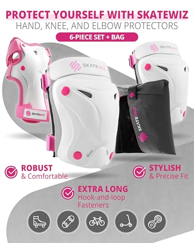 SKATEWIZ Kids and Adult Knee Pads and Elbow Pads Set 6pcs - incl. Carry Bag - color: Pink-White, size: L - Teens and Adults