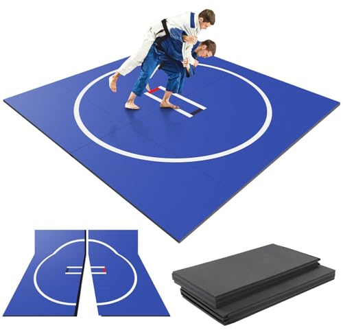 Wrestling Mat for Home, 10' x 10' Durable Jiu Jitsu BJJ Mats for Home Gym, Anti-Slip Roll-Up Grappling Mat for MMA Martial Art Boxing Judo Training Foldable Mat Blue