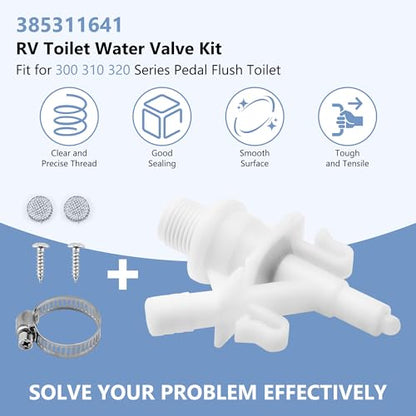 Funmit RV Toilet Water Valve Kit Replaces 385311641 Compatible with Dometic Pedal flush Toilets 300 310 320 | Prevent leakage | Increased Freeze Resistance, 1 Set, Includes Hose Clamp and Fasteners