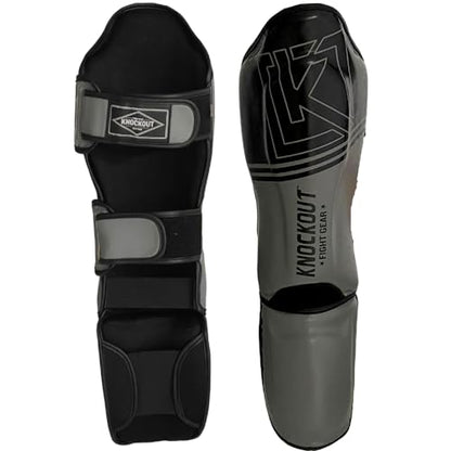 Muay Thai Shin Guards MMA Martial Arts -Padded, Adjustable Leg Guards with Instep Protection for Training and Sparring Gear Kickboxing Equipment – Durable, Professional - color: Black/Gray, size: Large-X-Large