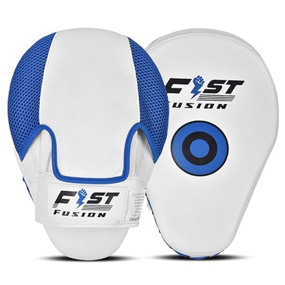 Boxing Pads Curved Focus Mitts, Maya Hide Leather Hook and jab Training Pads, Adjustable Strap Ventilated, MMA Muay Thai Kickboxing Coaching Martial Arts Punching Hand Target Strike Shield - color: Blue-Whit