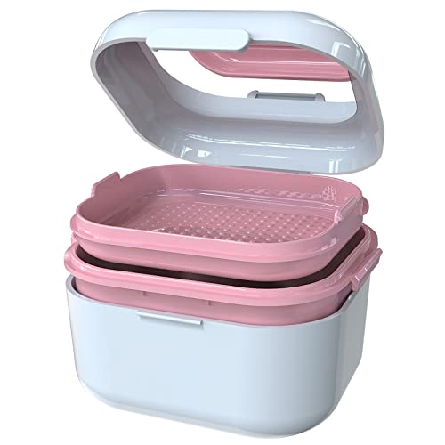 Denture Case with Mirror, Leakproof Retainer Box with Strainer Basket - color: White Pink