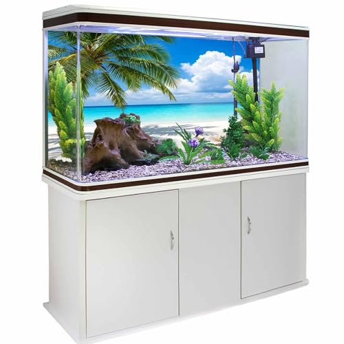 Summer Beach Aquarium Background 16x36 Inch Self-Adhesive Fish Tank Decorations, Tropical Coastal Palm Tree Starfish Conch Decorative Fish Tank Background Polyester Aquarium Decor Poster - size: 16x36in