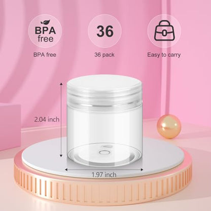 36 Pack 2 OZ Plastic Jars with Lids, BPA Free, Reusable, Refillable Transparent Cosmetic Containers for Bath Salts, Cosmetics, Powders, Beauty Product and Small Accessories - White