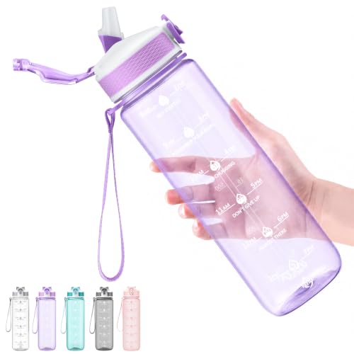 Hyeta Plastic Water Bottle With Straw & Time Marker, 32oz Leakproof Jug - color: Clear Wisteria