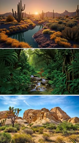 3 Pack Terrarium Background 48x18 inches Fabric Terrarium Reptile Background Stream Gobi Cactus Green Leaves Jungle Forest Desert Fern Terrarium Background - size: 48X18inch