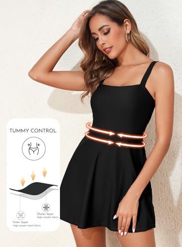 Aleumdr Women's One Piece Swimsuit Tummy Control Swim Dress Modest Full Coverage Skirt Bathing Suit with Pockets - color: Black, size: Small