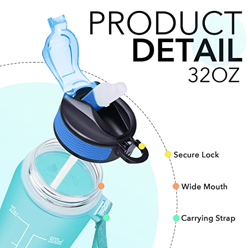 Hyeta Water Bottle with Straw & Time Marker, Plastic 32oz Leakproof - color: Green-Blue