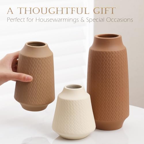 Ceramic Vase Set of 3 - Handcrafted Ceramic Vases for Home Decor & Shelf - Modern Farmhouse Decor for Kitchen, Office, Bedroom & Living Room Decorative Objects for Mantel, Table Centerpieces