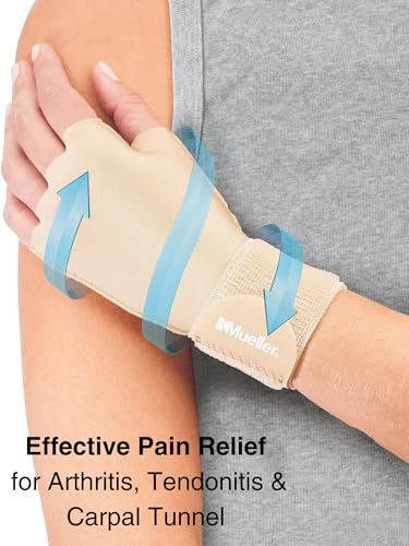 MUELLER Sports Medicine Compression Glove for Men and Women, Hand & Wrist Pain Relief Support, Ideal for Carpal Tunnel, Arthritis, Fits Right or Left, Beige - size: Small/Medium