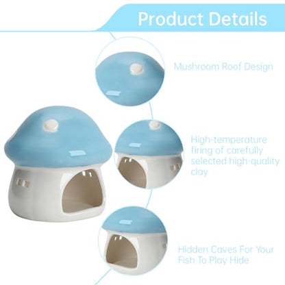 AnRui Ceramic Mushroom Aquarium Decor Cute House Betta Fish Tank Accessories Decoration Hideout Cave for Small Fish, Shrimp, Goldfish and Reptiles, Easy to Clean (Blue, Small)