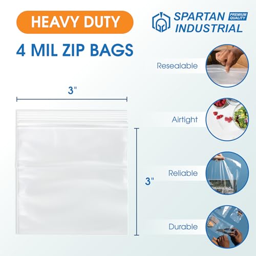 Spartan Industrial - 3” X 3” (1000 Count) 4 Mil Thick Clear Reclosable Zip Plastic Poly Bags with Resealable Lock Seal Zipper - Heavy Duty and Durable