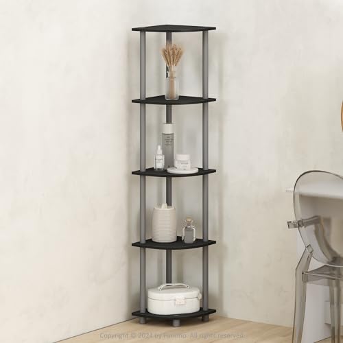 Furinno Turn-N-Tube Storage Shelves, 5-Tier Book Shelf, Corner Shelf, Toolless Open Shelves, for Organization and Storage, Living Room, Home Office, Hallway, Bedroom, Black - color: Black/Grey, size: 5-Tier Corner (11.6 x 11.6 x 57.7 inches)