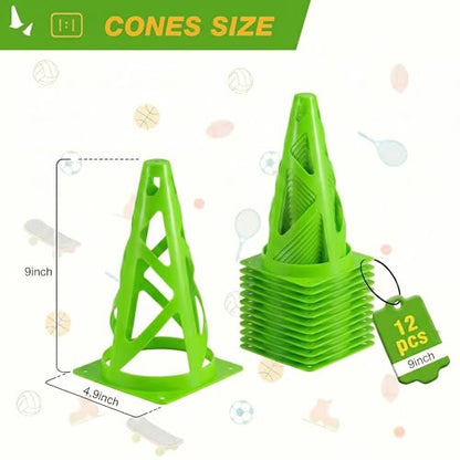 12 Pack Soccer Cones, 9 Inch Agility Cones for Soccer, Football, Basketball, Cones for Sports Training, Speed & Agility Drills, Field Marking Equipment - color: green