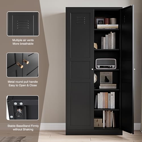 Metal Storage Cabinet with 2 Doors and 5 Adjustable Shelves - 71" Black Kitchen Pantry Storage Cabinet, 5-Tier Tall Steel Cabinet Locker for Kitchen, Living Room, Dining Room