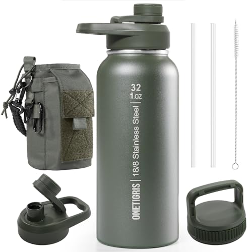 ONETIGRIS 32oz Insulated Tactical Water Bottle with Straw & MOLLE Sleeve - color: Green