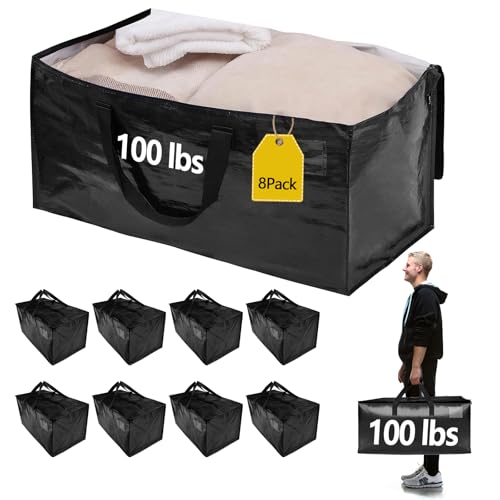 8 Pack Waterproof Moving Storage Bags, 100 lbs Extra Large Heavy Duty Totes with Reinforced Handles & Strong Zippers, Reusable Moving Box Alternative for Packing Moving Household Storage, 95L, Black - color: Black, size: 8 Pack