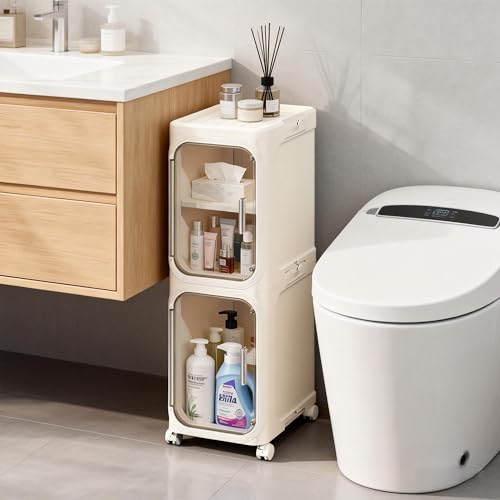 Narrow Storage Cabinet Slim Bathroom Storage Cabinet with Movable Wheels Tall Bathroom Organizer Skinny Cabinet for Small Spaces，2-Tier Beige - color: Beige, size: 2-tier