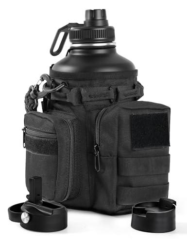 64 Oz Black Tactical Water Bottle with 3 Lids, Molle Holder | Half Gallon Water Bottle with Straw, Water Jug with Holder, Stainless Steel Sport Bottle with 3 BPA Free Lids for Gym Workout - color: 64oz-Black