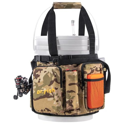 Dr.Fish 5 Gallon Bucket Tool Organizer - Adjustable Gear Bag with 6 Pockets and 2 Rod Holders for Ice Fishing Tackle Storage