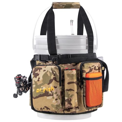 Dr.Fish 5 Gallon Bucket Tool Organizer - Adjustable Gear Bag with 6 Pockets and 2 Rod Holders for Ice Fishing Tackle Storage