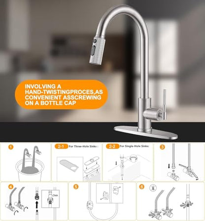 Kitchen Faucet, Pull Down Sprayer Kitchen Sink Faucet, Single Handle High-Arc with 3 Function Spray Head, 1 or 3 Hole Installation, Suitable for Farmhouse Laundry Rv Bar (Brushed Nickle)