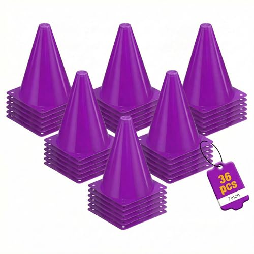 36pcs Cones 7 Inch Soccer Cones and Plastic Traffic Cones, Durable Cones for Sports Training, Ideal for Soccer, Basketball, Football, Skating, and Agility Drills Practice - color: purple