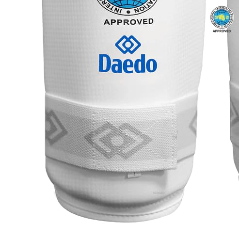 Daedo ITF Approved White Shin Guards – Martial Arts Leg Protectors – Lightweight Guards with Straps for Training - size: Medium