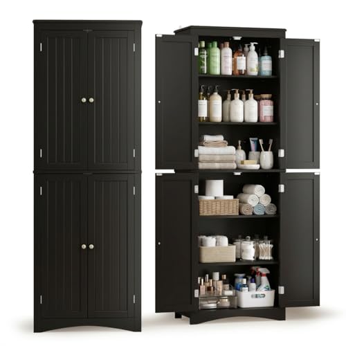 Gizoon 67" Bathroom Storage Cabinet with Adjustable Shelves, Freestanding Storage Unit with 4 Doors, Tall Pantry Cabinet for Kitchen, Dining Room, Living Room, Black - color: Black, size: 67"H
