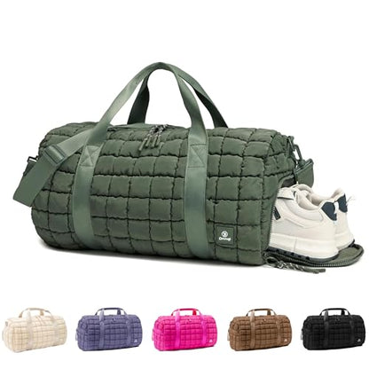 Quilted Gym Bag for Women,Duffle Bag for Travel with Wet Pocket,Carry on Weekender Bags for Women,Travel Bag with Shoe Compartment(Green) - color: Green