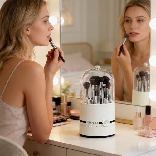 Plastic Makeup Brush Storage Organizer with Multiple Sections – Portable Rotating Cosmetic Brush Holder for Bathroom and Dressing Area,Flower Pattern - style: Flower Pattern