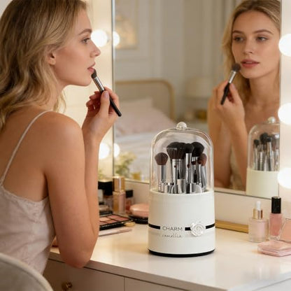 Plastic Makeup Brush Storage Organizer with Multiple Sections – Portable Rotating Cosmetic Brush Holder for Bathroom and Dressing Area,Flower Pattern - style: Flower Pattern