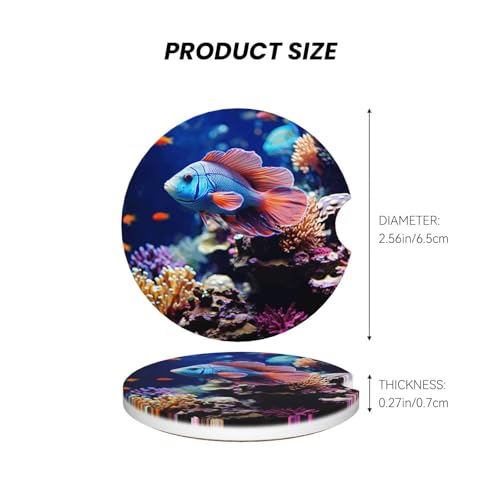 Coral Reef Fish Aquarium Ceramic Car Coasters 2 Pack 2.56 in, Absorbent Insert Cupholder Coaster Car Cup Holder Mat with Finger Notch Non-Slip Cork Base Reusable Drink Coasters
